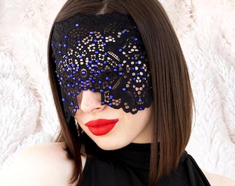 Black Lace Masquerade Mask with Blue Rhinestones, Elegant Venetian Carnival, Cosplay, Mardi Gras & Halloween Party Full Face Mask
