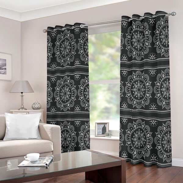 Two Piece Window Curtains Set, Black with White Mandala Lace Design, Grommet Floor Length Drapes (Large Size)