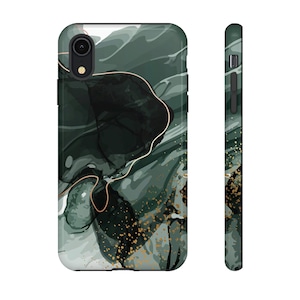 May include: A phone case with a green and black abstract design. The design features swirling patterns and gold accents.