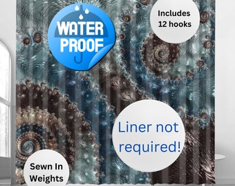 May include: A blue and brown abstract shower curtain with a swirling pattern. The curtain is waterproof and includes 12 hooks. It also has sewn-in weights and a liner is not required.