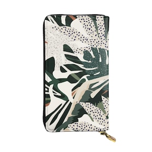 Cartera de mano larga con diseño de plantas abstractas y naturaleza, capacidad para 12 tarjetas