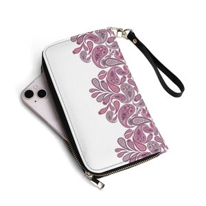 Carteira de couro branco com detalhes em Berry Red Paisley, couro vegano