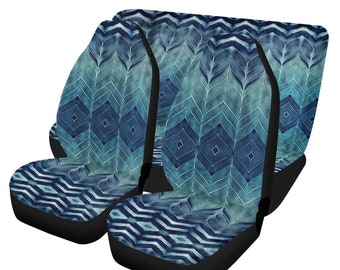 Front & Back Seat Cover Set for Car, Lightweight 4 Piece Set, Teal Blue Watercolor Zig Zag Art Design
