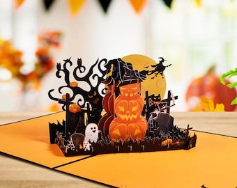 Halloween Graveyard 3D Pop-Up Card: Ghost, Witch and Jack-O’-Lanterns