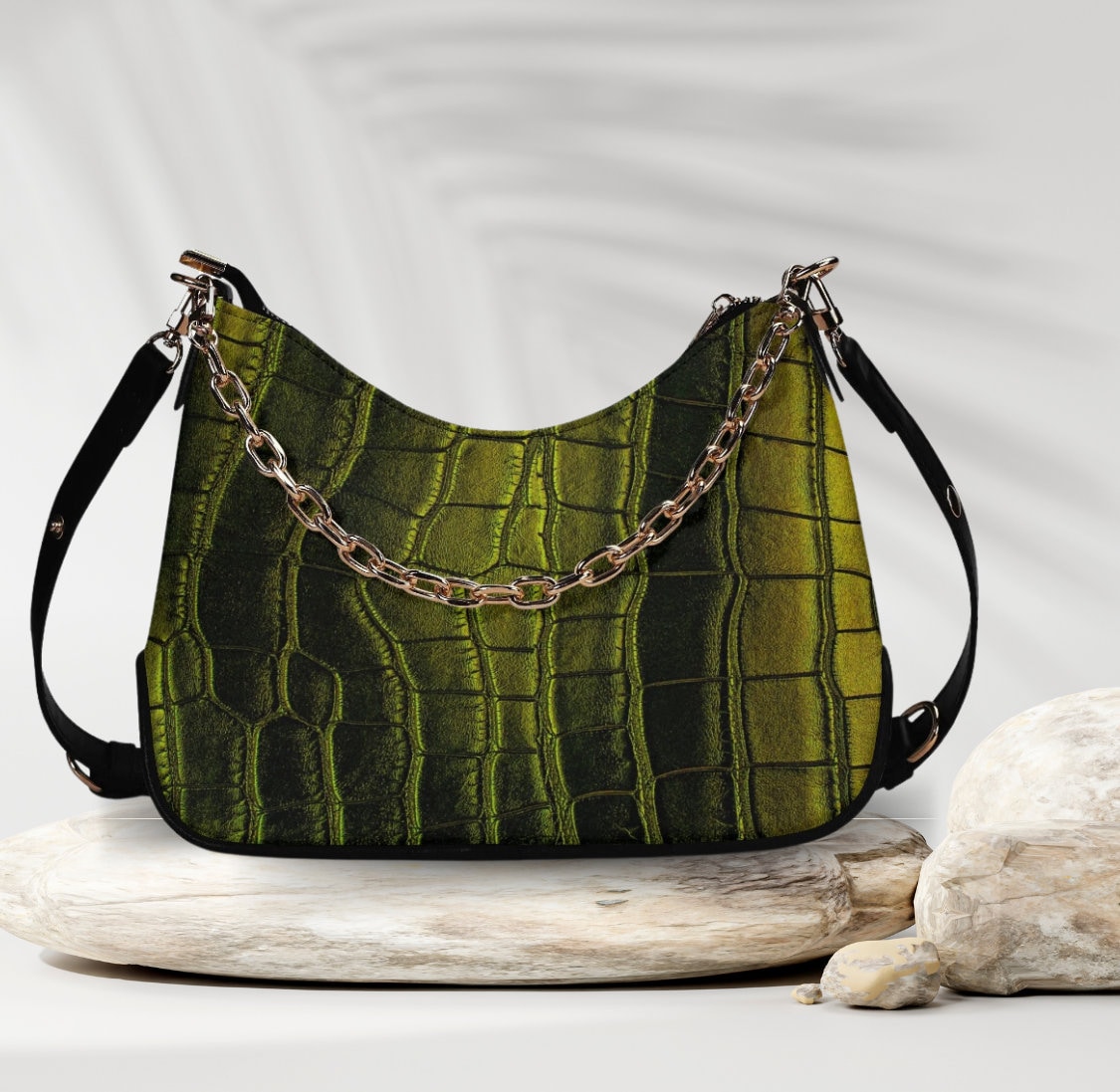 Olive Green Croc Print Handbag: Vegan Leather Shoulder Bag  display picture 1