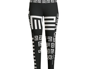 XS-6XL Leggings con bolsillo lateral de cintura alta, patrón geométrico abstracto moderno en blanco y negro