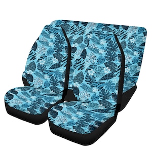 Blue Hawaiian Car Seat Cover Set: Tropical Plumeria Print (Set of 4)