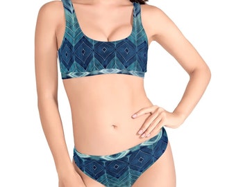 Maillot de bain bikini sport femme bleu et vert à motifs géométriques aquarelle