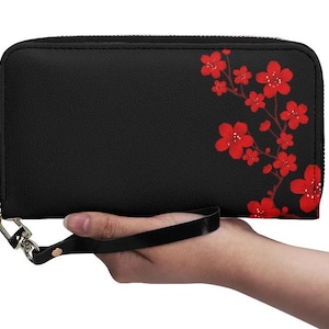 Cartera de piel vegana premium con cierre de pulsera en color negro Red Blossom