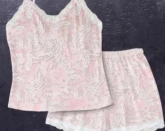 Baby-Rosa-Spitze Print Damen Cami Shorts Pyjama Set mit Weißer Spitze Trim