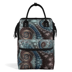 Mochila de arte fractal azul turquesa y marrón, bolsa de pañales de gran capacidad, bolsa de lactancia