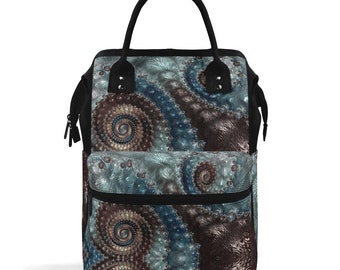 Turquoise Blue & Brown Fractal Art Backpack, Large Capacity Diaper Bag, Nursing Bag