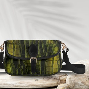Sac à main en cuir végétalien à imprimé crocodile vert olive, sac à main moyen, fermeture à rabat