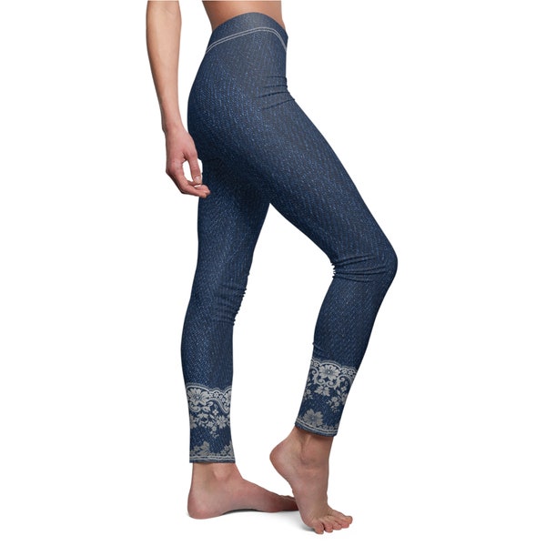 Womens Navy Blue Denim Printed Leggings With White Lace Ankle Detail (AOP)