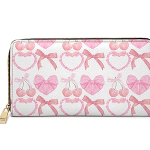 Cartera con cremallera delicada con lazos rosas y cerezas Coquette Chic
