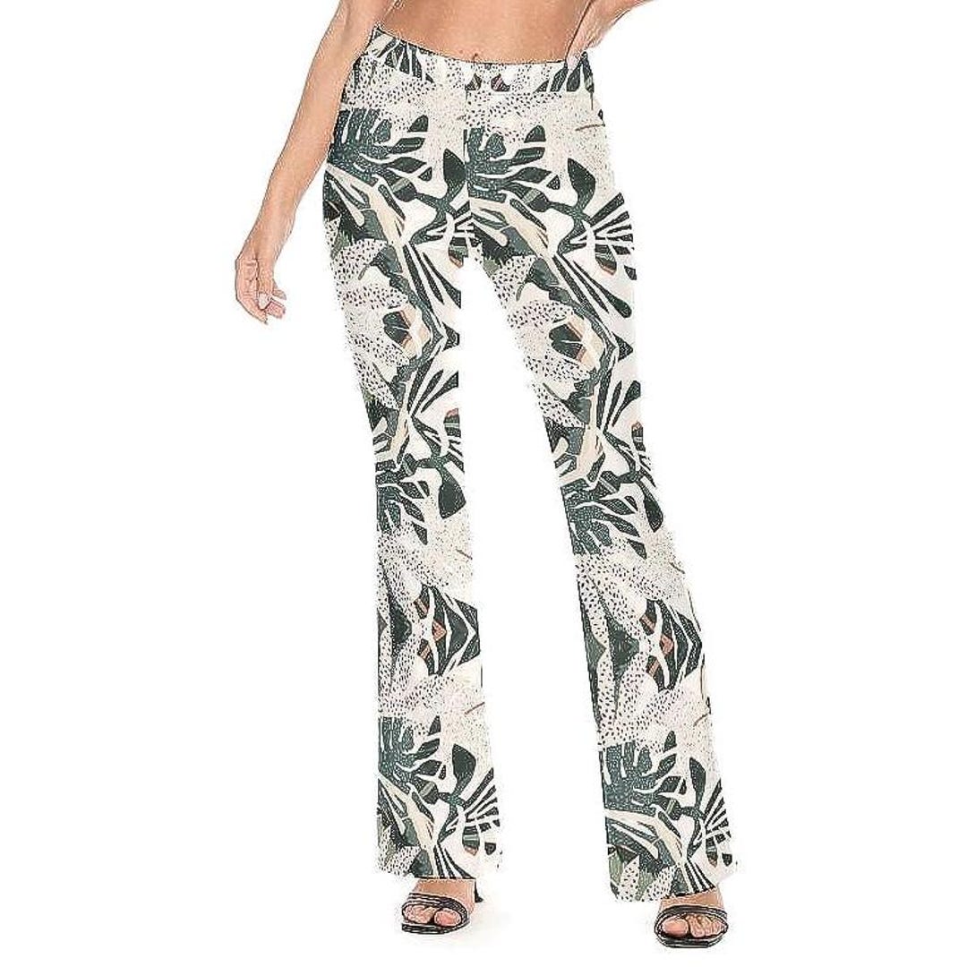 High-waisted Tropical Print Flare Pants | Stretchy Microfiber Bell