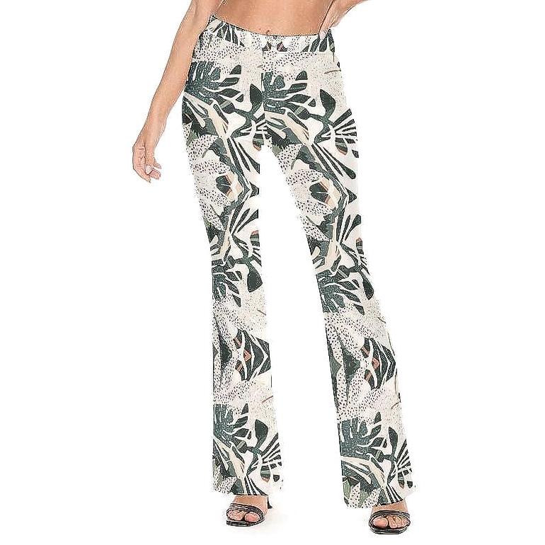 High-waisted Tropical Print Flare Pants | Stretchy Microfiber Bell