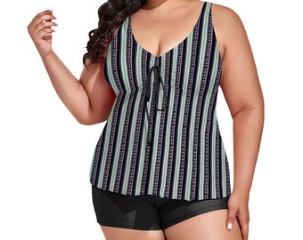 Tankini a rayas de talla grande, traje de baño de dos piezas para mujer con pantalones cortos