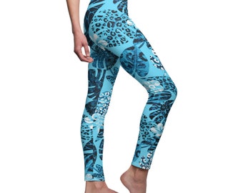 Tropical Blue Animal Print Leaf Women's Casual Leggings (AOP)