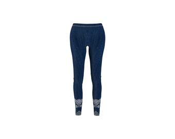 Leggings de mezclilla azul marino con estampado y encaje blanco en el tobillo, leggings ajustados de imitación de mezclilla para mujer, gamuza suave cepillada.