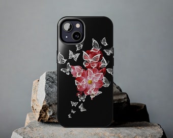 Fundas premium para iPhone con diseño de mariposas y flores rojas