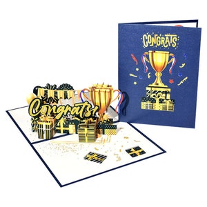 Tarjeta de felicitación emergente 3D azul y dorada con trofeo de graduación