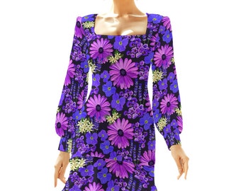 Lavender Purple Floral Mini Dress: Trendy Square Neck, Ruffled Hem, and Bishop Sleeves