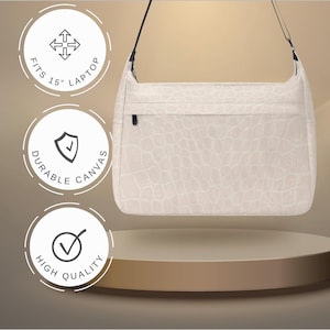 Sac messager en toile crème à imprimé croco, convient à un ordinateur portable de 15 pouces, bandoulière réglable, sac à main haut de gamme pour le voyage, le travail ou l'école
