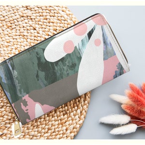 Abstract Blush and Sage Green Zippered Wallet
