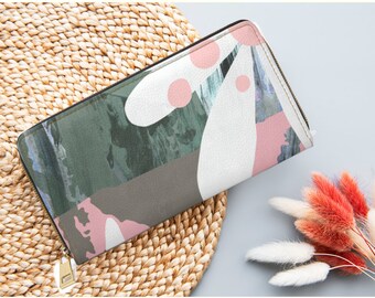 Cartera con cremallera en color verde salvia rosado abstracto, accesorio vegano de estilo bohemio.