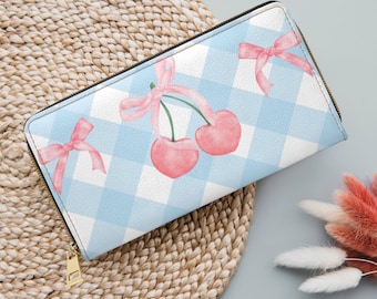 Pastel Blue Checkered Wallet with Bows and Cherries