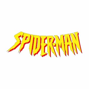 Puede incluir: La palabra "SPIDER-MAN" en amarillo, con bordes dentados rojos. El texto está arqueado sobre la imagen sobre un fondo blanco. El diseño recuerda a un logotipo de cómic.