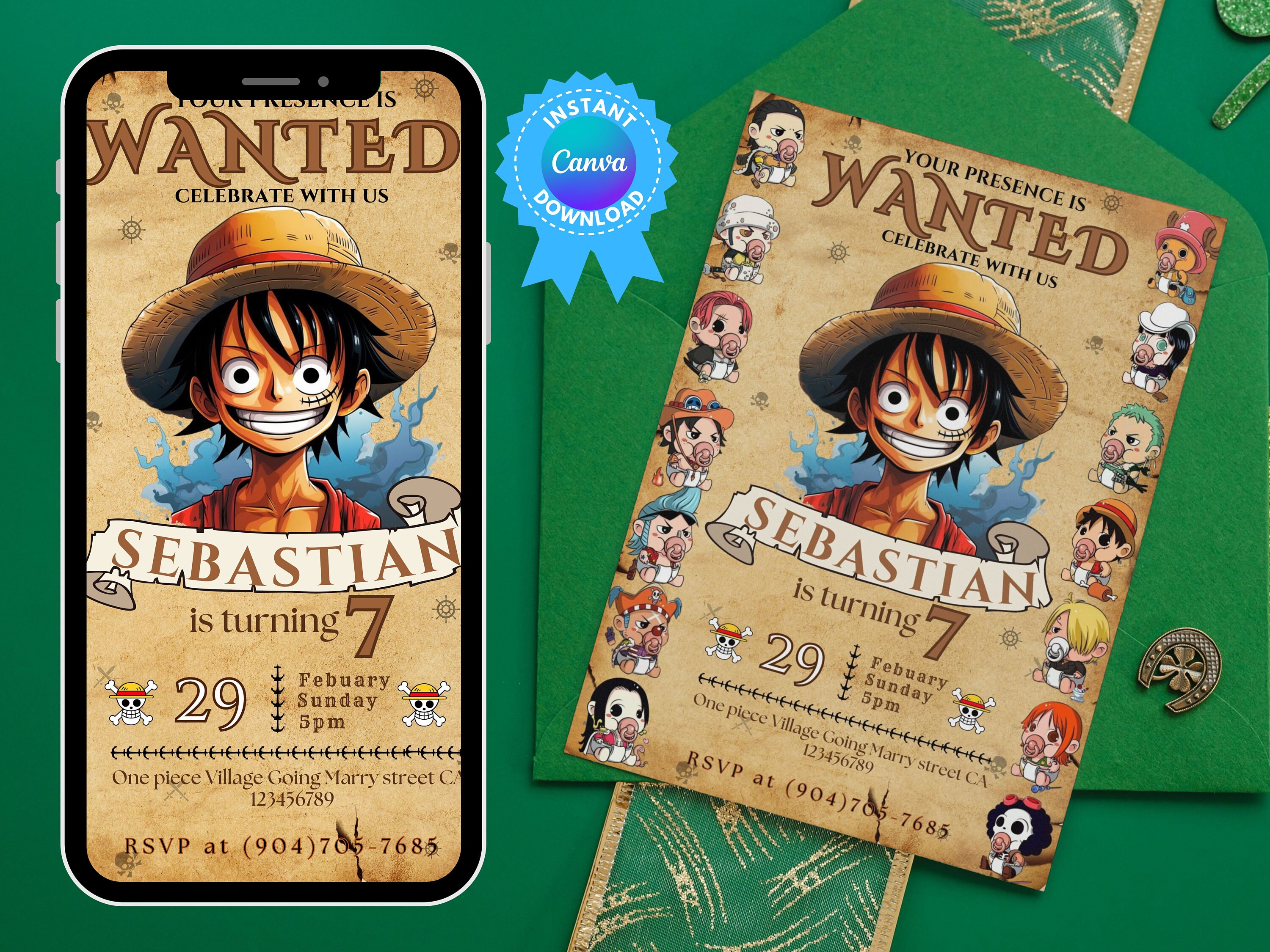 One Piece Anime Printable Invitation Luffy Birthday Invitation One ...