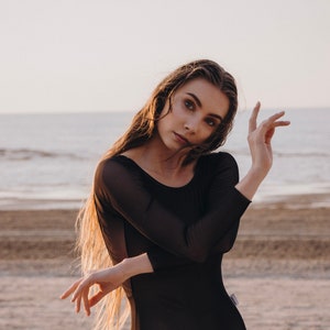 Recycled Material Long-Sleeved Leotard with Open Back| Black Mesh Bodysuit for Dance & Performance