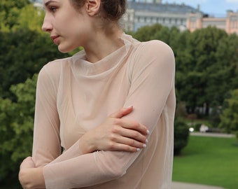 Recycled Mesh Long Sleeve Top | Sheer eco mesh | Pastel beige-  Sustainable Fashion