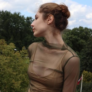 Recycled Mesh Long Sleeve Top | Sheer eco mesh | Forest green-  Sustainable Fashion