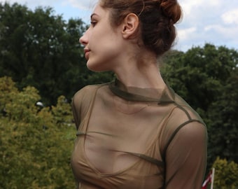 Recycled Mesh Langarm Top | Schlichtes Öko-Netz | Waldgrün- nachhaltige Mode
