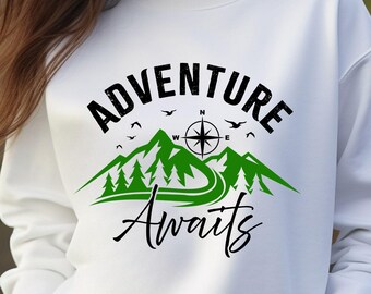 Adventure Awaits SVG PNG, Camping Shirt, Mountain, Compass, Cut Files (Digital Download)