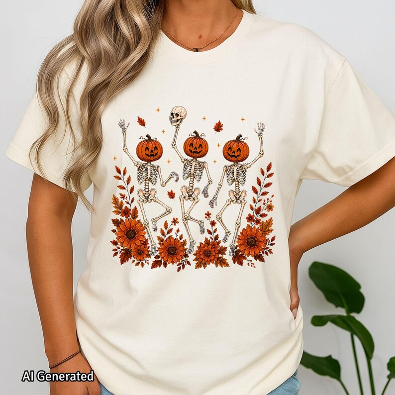 An ivory crewneck T-shirt showcases the Wildflower Skeleton artwork with botanical skeleton dancers and orange fall blooms.