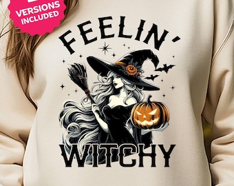 Feeling Witchy PNG Retro Halloween Girl Pumpkin Sublimation Design