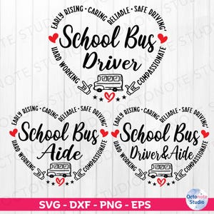May include: Two black and white heart-shaped designs with text that reads "School Bus Driver" and "School Bus Aide". Each design includes a small yellow school bus, a red heart, and stars.