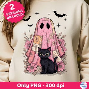 レトロなハロウィンゴーストキャットPNG：ピンクのパッチワークの花柄デザイン（デジタルダウンロード）