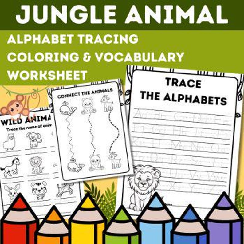 Jungle Animal Alphabet Tracing, Coloring and Vocabulary Worksheet for