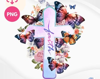 Aquarell Faith Cross PNG - Floraler Schmetterling Clipart (digitaler Download)