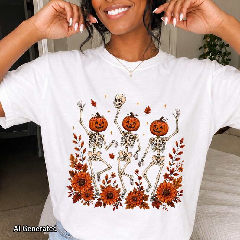 A white oversized crewneck T-shirt features the Wildflower Skeleton design in a cute spooky skeleton style.
