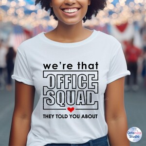 Bright smile wearing That Front Office Squad t-shirt, great for front office style or casual coworker appreciation day. Use it on t-shirts, canvas bags, or water bottles.
