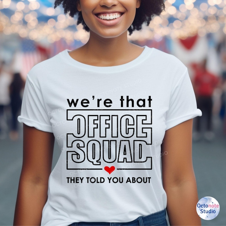 Bright smile wearing That Front Office Squad t-shirt, great for front office style or casual coworker appreciation day. Use it on t-shirts, canvas bags, or water bottles.