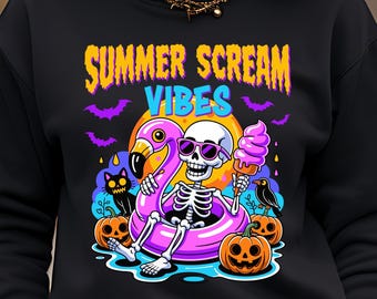 Funny Skeleton Summer Scream Vibes Halloween PNG: Spooky Flamingo Pool Party (Digital Download)