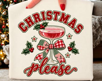 Faux Embroidery Christmas Please PNG, Retro Festive Cocktail Png, Holiday Drink Sublimation, Merry Christmas Png, Coquette Bows Png