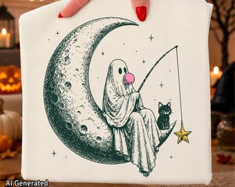 Geisterfischsterne SVG, Mondgeist PNG, Niedliches Halloween PNG, Kaugummigeist, T-Shirt-Design für die Gruselsaison (Digitaler Download)